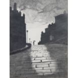 P SHAW (TWENTIETH/ TWENTY FIRST CENTURY) PENCIL DRAWING Cobbled street scene with houses and