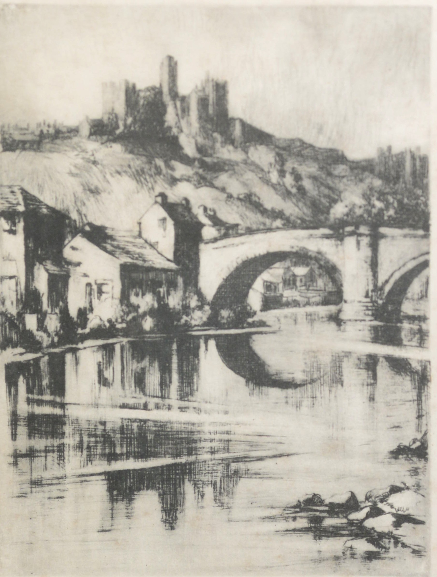 FOUR ORIGINAL ETCHINGS AND AN ARTIST SIGNED ETCHING Dogs (unframed) River scene with castle on - Image 2 of 5