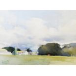 DAVID BYRNE (TWENTIETH CENTURY) WATERCOLOUR Rural landscape with farm buildings in the distance