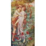 UNATTRIBUTED (TWENTIETH CENTURY) WATERCOLOUR IN THE PRE RAPHAELITE STYLE Couple embracing in a field