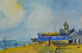 LOIE THOMPSON (Twentieth Century) FOUR OIL PAINTINGS ON LAID DOWN CANVAS Coastal scenes with sailing