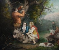 UNATTRIBUTED (NINETEENTH CENTURY) OIL PAINTING Gypsies around a camp fire with figures and donkey in