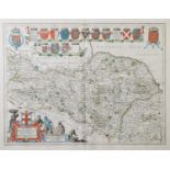 ANTIQUE HAND COLOURED MAP OF ‘THE NORTH RIDING OF YORKSHIRE’ BY JOAN BLAEU, with fourteen heraldic