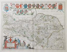ANTIQUE HAND COLOURED MAP OF ‘THE NORTH RIDING OF YORKSHIRE’ BY JOAN BLAEU, with fourteen heraldic