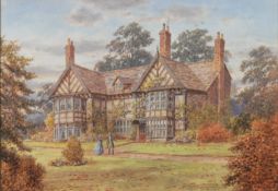 ALBERT DUNNINGTON (1860-1928) WATERCOLOUR Figures outside a Tudor house Signed and dated 1925 10”