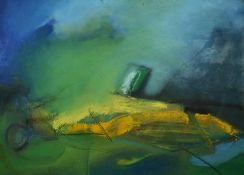 COLIN P THOMAS (TWENTIETH CENTURY) MIXED MEDIA ON CANVAS Abstract in green, blue, yellow and