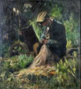 INITIALLED G B (EARLY TWENTIETH CENTURY) OIL ON BOARD Seated figure mending nets Initialled and