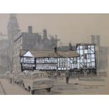 DENNIS WATKINS (TWENTIETH CENTURY) TWO PEN AND WASH DRAWINGS, heightened in white ‘The Shambles,