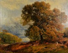 ATTRIBUTED TO JOHN LINNELL (1792-1882) OIL PAINTING ON CANVAS A wooded landscape with a man and
