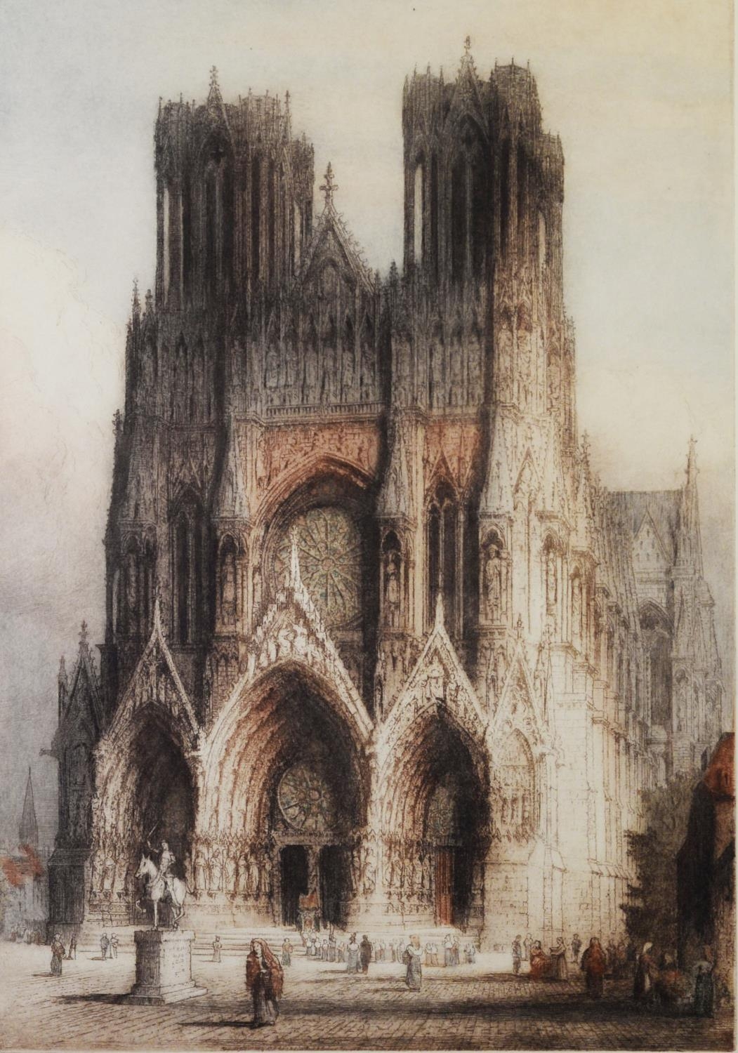 JAMES ALPHEGE BREWER (act. c. 1909-1938) ARTIST SIGNED HAND TINTED ETCHING ‘Rheims Cathedral’