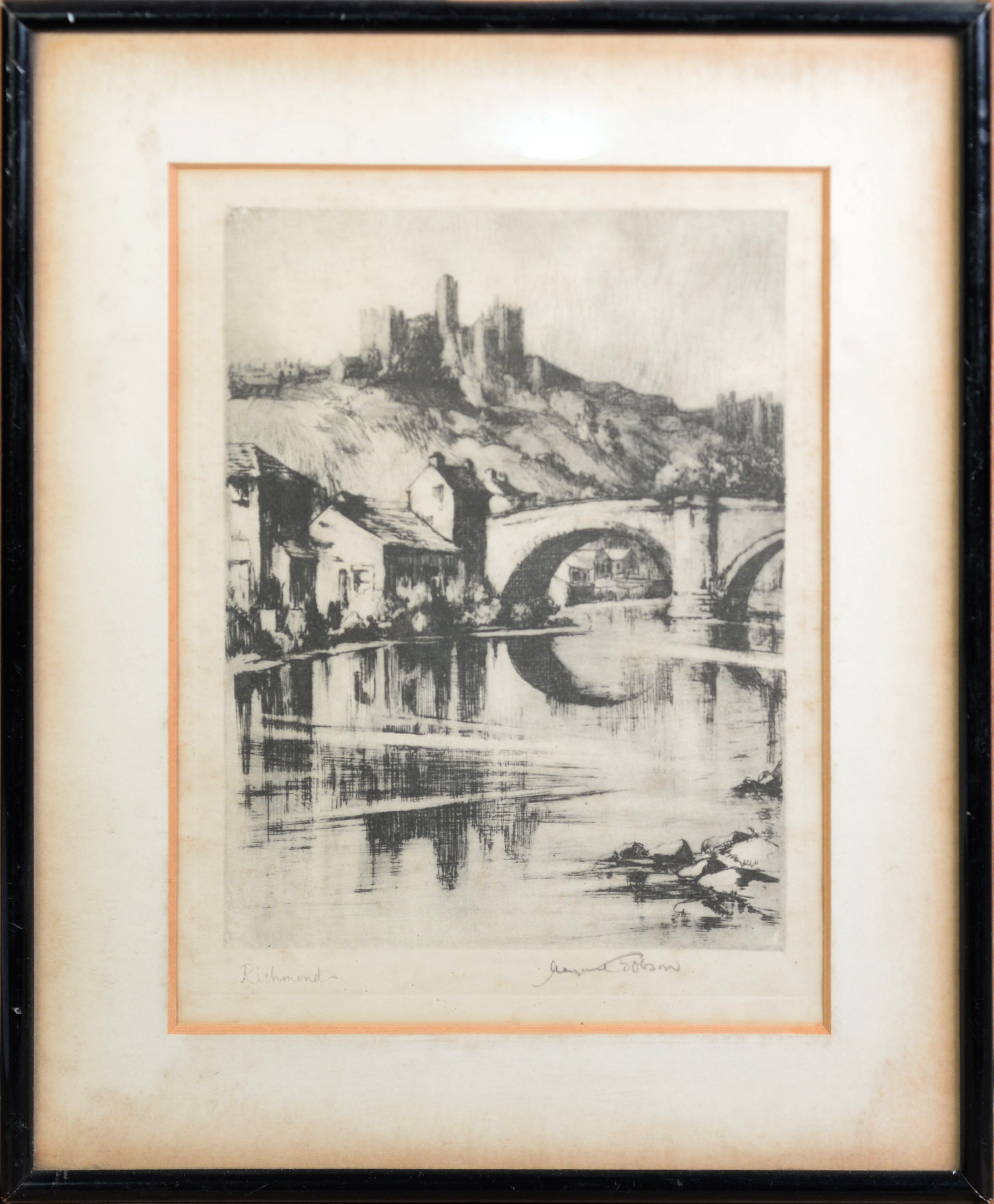 FOUR ORIGINAL ETCHINGS AND AN ARTIST SIGNED ETCHING Dogs (unframed) River scene with castle on - Image 4 of 5