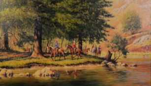 R MOSELEY (Twentieth Century) OIL PAINTING ON CANVAS 'Pony trekking Tarn Hows' Signed lower right,