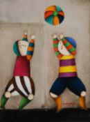 JOYCE ROYBAL (b.1955) OIL PAINTING Two boys playing with a ball Signed 15 ¾” x 11 ¾” (40cm x 29.9cm)