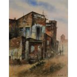 LES HARRIS (TWENTIETH CENTURY) THREE WATERCOLOURS Village scene and two derelict building Signed and