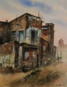 LES HARRIS (TWENTIETH CENTURY) THREE WATERCOLOURS Village scene and two derelict building Signed and