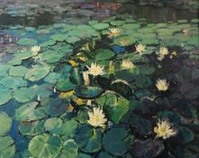 ANTHONY BUTLER (TWENTIETH CENTURY) OIL ON BOARD ‘Water Lilies’ Signed and titled to ‘Deeside Art