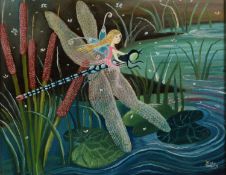 KATE COLLINS (b. 1948) OIL ON BOARD ‘Fairy on a Dragonfly’ Signed, titled verso 7 ½” x 9 ½” (19cm
