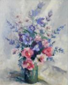 JOHN CHIRNSIDE (TWENTIETH CENTURY) OIL ON BOARD Flowers in a vase Signed and with hand written