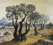 ELY LAUMONIER (1895-?) OIL ON CANVAS Rural landscape with trees in the foreground and dwelling in