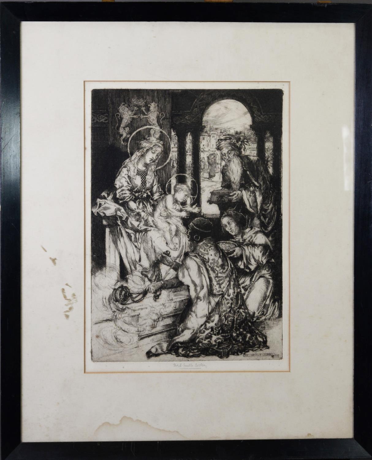 MAY LOUISE GREVILLE COOKSEY (1878-1943) ARTIST SIGNED ETCHING Religious scene with figures bearing - Image 2 of 2
