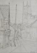 DAVID WAYNE TABBERY? (TWENTIETH CENTURY) PENCIL DRAWING Lower Hillgate, Stockport, with St. Mary’s