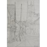 DAVID WAYNE TABBERY? (TWENTIETH CENTURY) PENCIL DRAWING Lower Hillgate, Stockport, with St. Mary’s