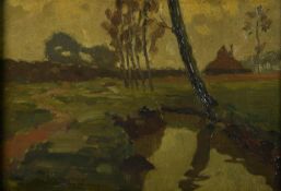 J PARMENTIER (TWENTIETH CENTURY) OIL ON BOARD River landscape with building in the distance Signed
