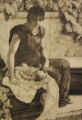 THOMAS RILEY (act. 1878-1892) ETCHING Mother and child in the Pre Raphaelite style Signed in the