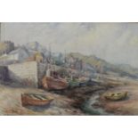 ARTHUR WATT (NINETEENTH/ TWENTIETH CENTURY) WATERCOLOUR Harbour scene with moored boats Signed,