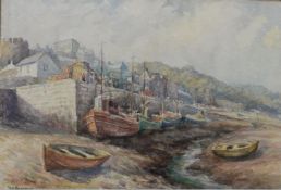 ARTHUR WATT (NINETEENTH/ TWENTIETH CENTURY) WATERCOLOUR Harbour scene with moored boats Signed,