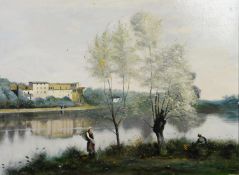 MALRY? (EARLY TWENTIETH CENTURY) OIL ON BOARD Continental riverscape with figures and dwellings