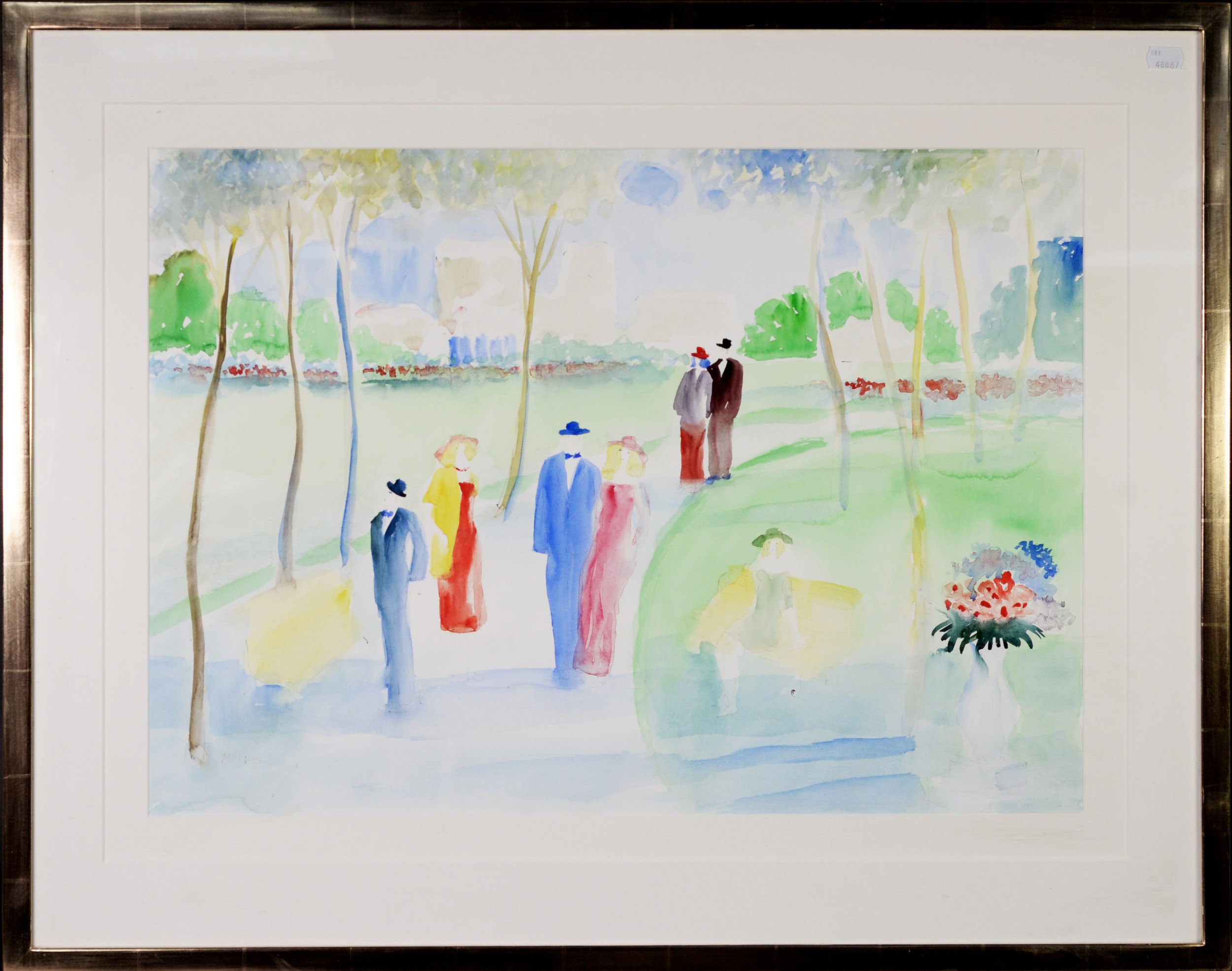 UNATTRIBUTED (TWENTIETH CENTURY) WATERCOLOUR Figures walking along a tree lined park path - Image 2 of 2