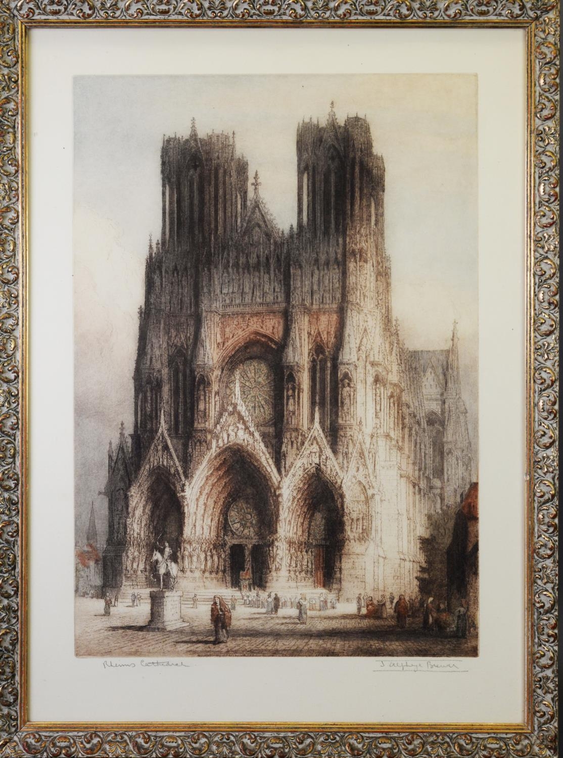 JAMES ALPHEGE BREWER (act. c. 1909-1938) ARTIST SIGNED HAND TINTED ETCHING ‘Rheims Cathedral’ - Image 2 of 4