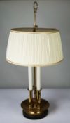 FRENCH BOUILLOTTE STYLE BRASS TWIN LIGHT ELECTRIC TABLE LAMP, with triple columns to the dished base