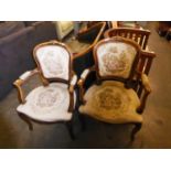 A PAIR OF LOUIS XVI STYLE CARVED BEECHWOOD OPEN ARMCHAIRS, COVERED IN PICTORIAL TAPESTRY