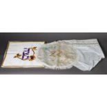 HEBREW EMBROIDERD WHITE SILK CHALLAH COVER; an embroidered and gold thread decorated WHITE SILK