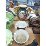 VICTORIAN POTTERY TWO HANDLED VASE AND A PAIR OF MATCHING BOWLS, REVERSING TO FORM A PEDESTAL FOR