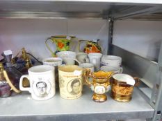 TWO 1930’S HAND PAINTED POTTERY JUGS; 19TH CENTURY SMALL COPPER LUSTRE MUG; AMBER & GREY POTTERY