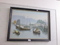 A CHINESE OIL PAINTING, HARBOUR SCENE WITH SAMPANS AND JUNKS, 17” X 23 ½”