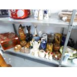 MIXED LOT OF WOOD AND POTTERY ITEMS TO INCLUDE; AN ORIENTAL BOX WITH HINGED LID, A WOOD FACE MASK,