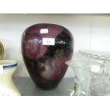 A CUT GLASS VASE; A LARGE PURPLE SHADED GLASS OVULAR VASE, 11” HIGH; A PALE BLUE GLASS SHALLOW,