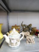 THREE MODERN CERAMIC NOVELTY TEAPOTS, AND MODERN COMPOSITION MODELS AND GROUPS OF ELEPHANTS, (6)