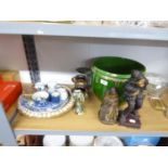 MIXED LOT OF CERAMICS, to include: FIGURE OF A JESTER, SIMILAR SEATED FIGURE, foot missing, PAIR