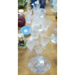 FIVE TALL CUT GLASS WINE GOBLETS, 5 SMALLER STEM WINES, TWO LACQUERED GLASS AND TWO SMALL