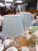 A PAIR OF STYLISH PERSPEX TABLE LAMPS WITH GREEN FABRIC SHADES