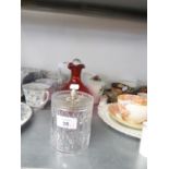 VICTORIAN WHITE ENAMELLED CRANBERRY GLASS WINE JUG AND NON-MATCHING STOPPER AND A CUT GLASS
