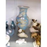 JAPANESQUE POTTERY VASE WITH INCISED PRUNUS AND BIRD DECORATION, ON SKY BLUE GROUND, 12 ½” HIGH