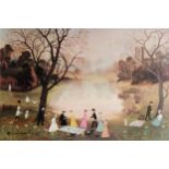 HELEN BRADLEY ARTIST SIGNED COLOUR PRINT Our Picnic Signed in pencil and with blindstamp 16” x 23 ½”