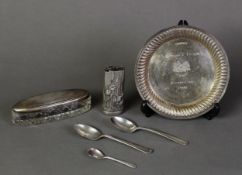 FOUR SMALL PIECES OF SILVER, comprising: PRESENTATION CIRCULAR CARD TRAY, with gadrooned border