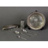 FOUR SMALL PIECES OF SILVER, comprising: PRESENTATION CIRCULAR CARD TRAY, with gadrooned border